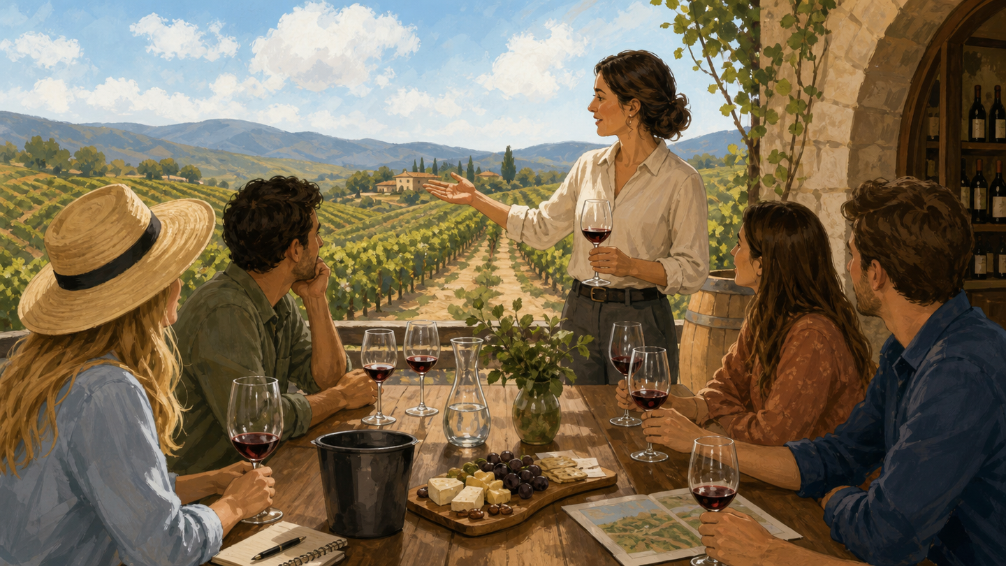 Supporting editorial scene for Your First Vineyard and Winery Visit: A Beginner’s Guide to Tasting and Wine Country