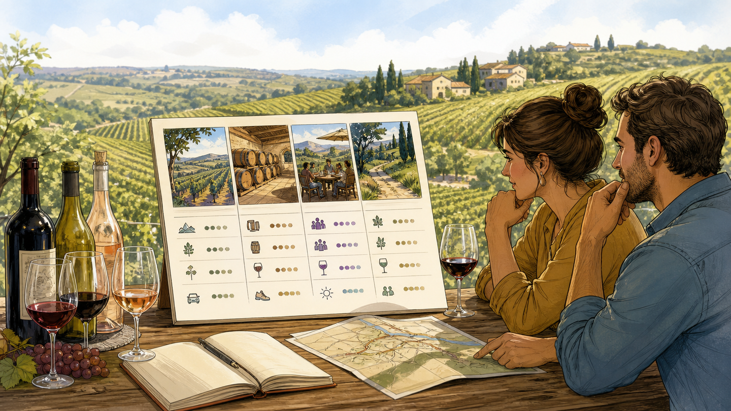 Supporting editorial scene for How to Compare Vineyards, Wineries, Tastings, and Wine-Country Travel